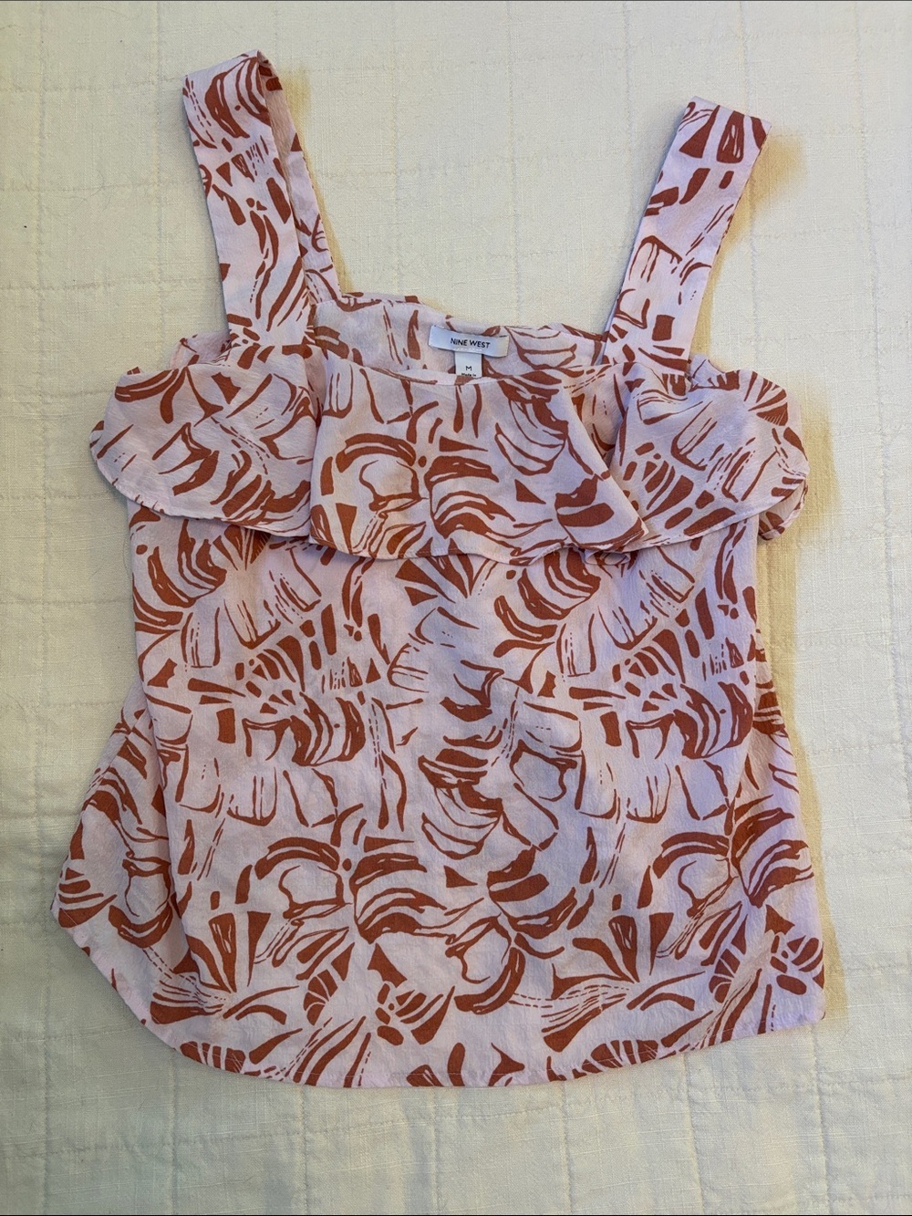 Nine West Pink Top with Rust Monstera Print and Ruffle Top